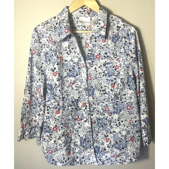 Alfred Dunner Women's Top Blue Embroidered Floral Button-Down 3/4 Tab Sleeve 18 - Picture 1 of 6